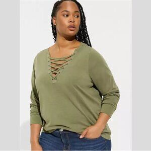 Torrid - Vintage Cotton Jersey Lace Up Long Sleeve Tee in Olivine Green​​